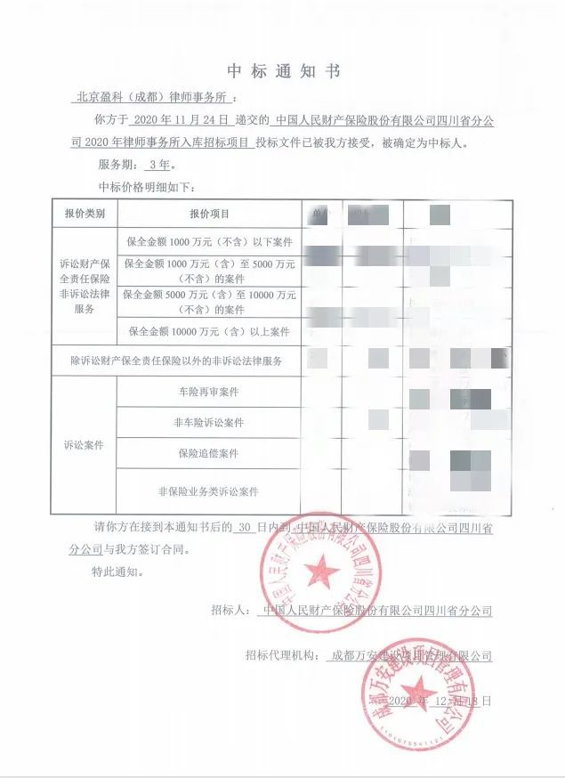 盈科业绩丨盈科中标中国人民财产保险股份四川省分公司